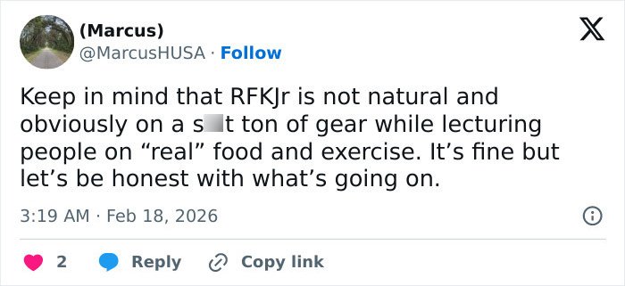 Screenshot of a Twitter post discussing RFK Jr.'s workout video and reactions to his exercise and nutrition claims.