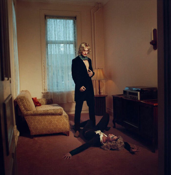 Robert Pattinson and Zendaya in a vintage room during a gender-bending photoshoot capturing an extremely disturbing vibe.