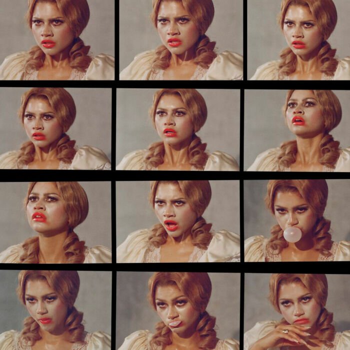 Zendaya in a gender-bending photoshoot with dramatic makeup, vintage hairstyle, and various expressive poses.