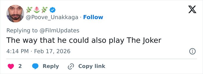 Tweet screenshot showing user @Poove_Unakkaga commenting on a film update about Zendaya and Robert Pattinson’s gender-bending photoshoot.