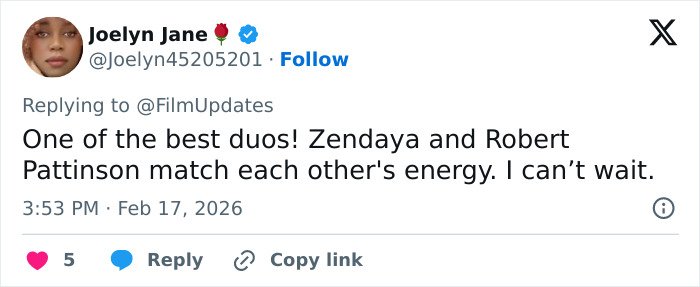 Tweet by Joelyn Jane praising Zendaya and Robert Pattinson’s gender-bending photoshoot energy and chemistry.