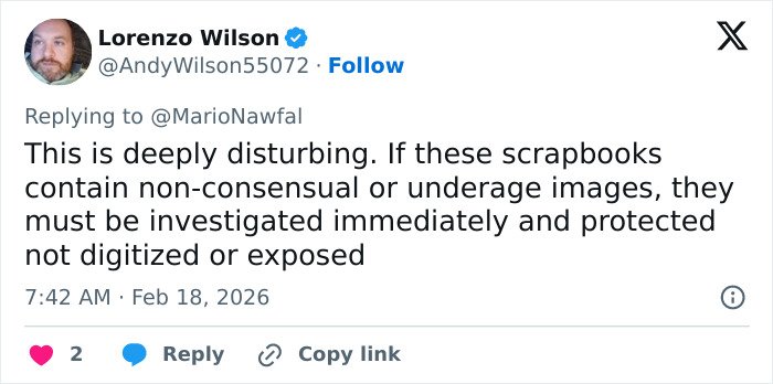 Tweet from Lorenzo Wilson expressing concern over possible non-consensual or underage images linked to Playboy founder controversy.