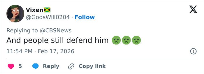Twitter user Vixen reacts to CBS News with a comment defending Hugh Hefner amid bombshell claims.