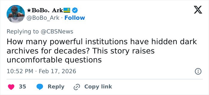 Screenshot of a tweet discussing powerful institutions' hidden dark archives, related to Hugh Hefner's widow claim.