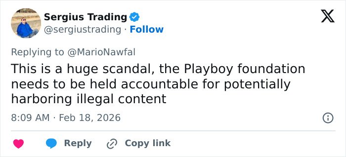 Tweet discussing a scandal involving the Playboy foundation and allegations of harboring illegal content.
