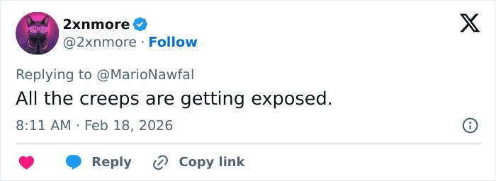 Tweet from user 2xnmore discussing the exposure of creeps, related to Hugh Hefner's widow and the Playboy founder claims.