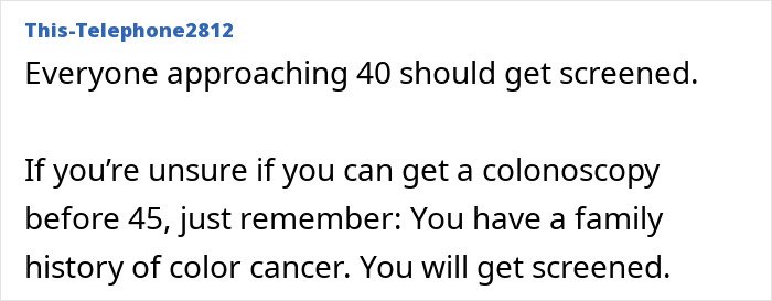 Text post discussing the importance of colon cancer screening for those approaching 40 with family history risks.