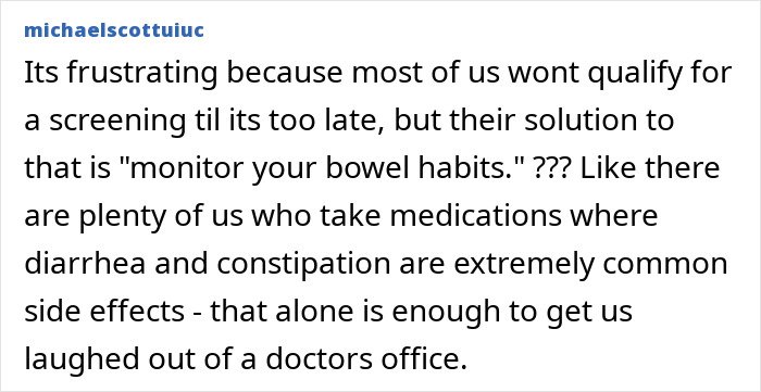 Commenter discussing challenges in colon cancer breakthrough screening and monitoring bowel habits amid common side effects.