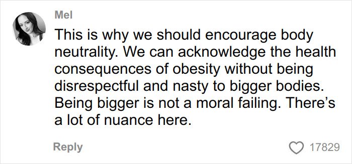 Comment from former body positivity influencer urging body neutrality and discussing health and obesity nuances in a social media post.