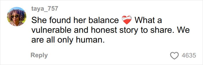 Comment on social media from former body positivity influencer sharing an honest story while criticizing the radical movement.