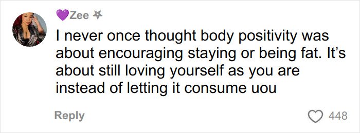 Comment from former body positivity influencer expressing views on self-love and criticism of the radical movement.