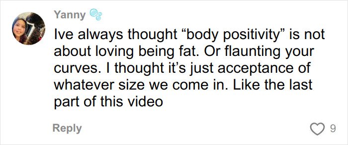 Comment discussing body positivity and acceptance of all sizes, reflecting on views about the body positivity movement.