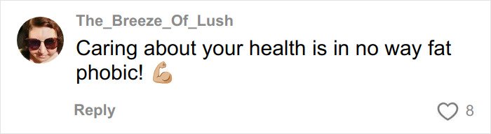 Screenshot of a social media comment discussing health and opposing fat phobia in the body positivity movement debate.