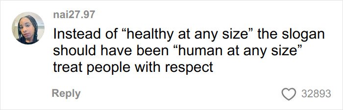 Comment expressing critique of the body positivity movement, emphasizing respect and authenticity over slogans.