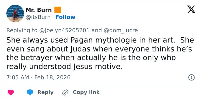 Tweet discussing Lady Gaga's use of pagan mythology and controversial themes related to Judas in her artistic work.