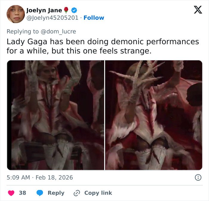 Alt text: Lady Gaga with scary look and disturbed mannerisms performing a surreal and unsettling act during recent concert.