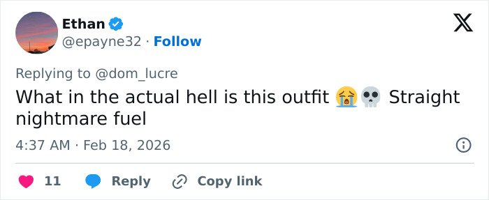 Tweet expressing shock at Lady Gaga's scary look and mannerisms during a recent concert, calling the outfit a nightmare.