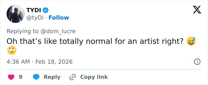 Tweet from user TyDi reacting to artist behavior with amused and rolling eyes emojis in a casual social media setting.