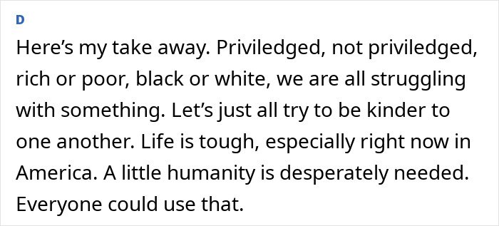 Screenshot of a personal statement highlighting struggles and kindness, related to Rumer Willis working multiple jobs despite famous parents.