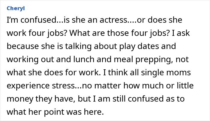 Comment discussing confusion about Rumer Willis working four jobs despite being an actress and famous parents.