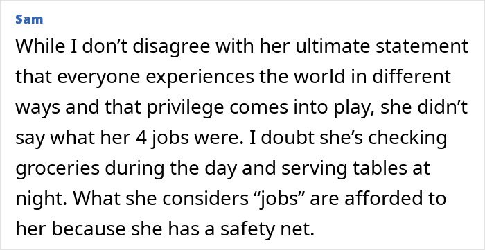 Commenter Sam discussing Rumer Willis working four jobs despite her famous parents Bruce Willis and Demi Moore.