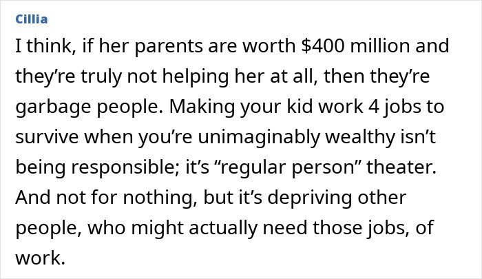 User comment about Rumer Willis having to work four jobs despite famous parents, discussing responsibility and wealth.