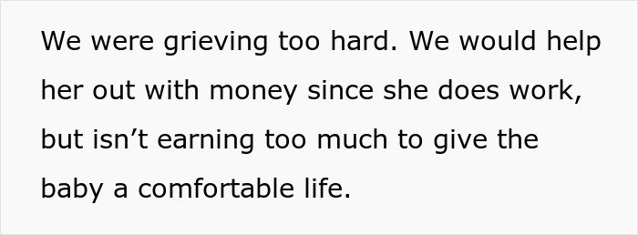 Text saying a woman’s family grieves while supporting her financially for the baby after testing suspicions.