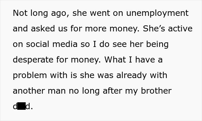 Text excerpt discussing a woman suspecting her late brother’s baby isn’t his, revealing family betrayal and conflict.