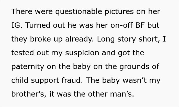 Text about woman testing her suspicions reveals baby isn’t her late brother’s, exposing child support fraud and ruining SIL’s life.