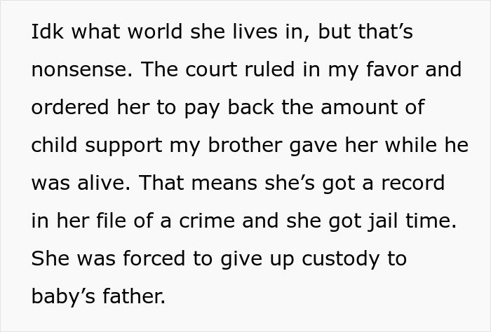 Text about woman discovering her late brother’s baby isn’t his after testing suspicions, leading to court and custody changes.