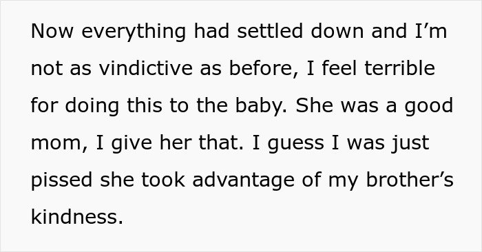 Text describing woman realizing late brother’s baby isn’t his, testing suspicions and impacting sister-in-law’s life.