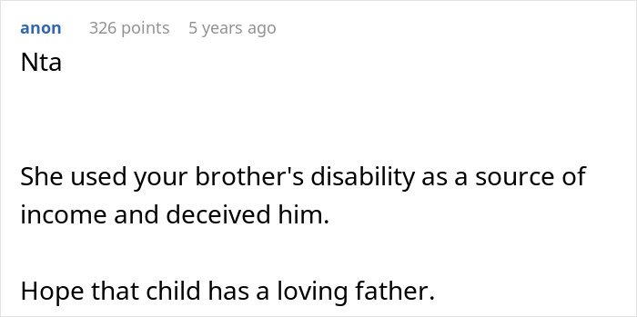 Screenshot of a forum comment discussing a woman who realizes her late brother’s baby isn’t his after testing suspicions.