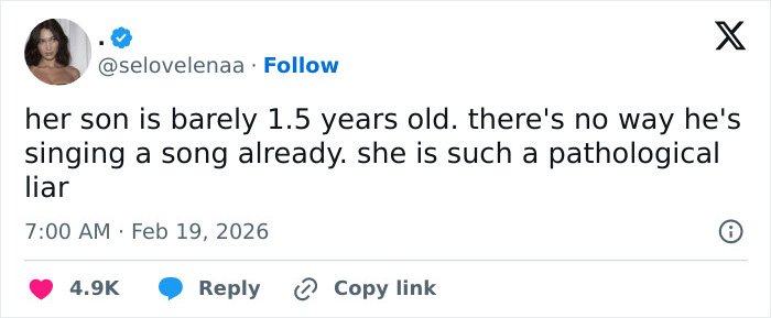 Social media post calling Hailey Bieber a pathological liar about her toddler son's singing ability.