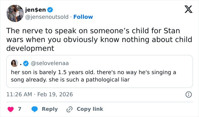 Tweet criticizing claim about toddler son, calling Hailey Bieber a pathological liar amid skepticism on child development.