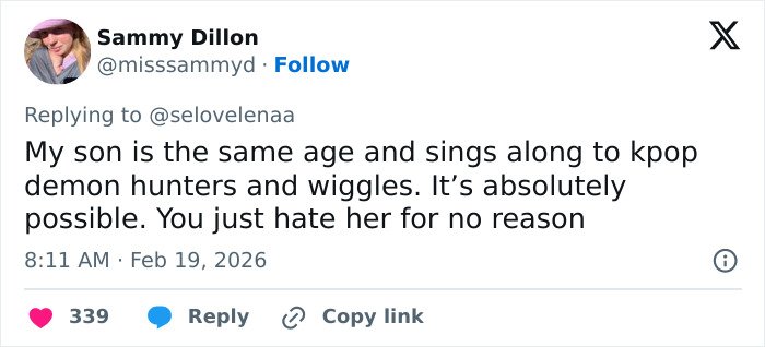 Tweet screenshot of Sammy Dillon defending Hailey Bieber's toddler son, mentioning singing along to K-pop and demon hunters.
