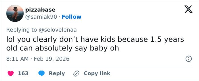 Twitter reply questioning claims about toddler speech, related to skepticism over pathological liar accusations.