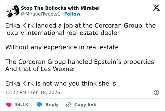 Tweet about Erika Kirk's alleged Epstein link and her unexpected job at Corcoran Group sparking conspiracy theories.