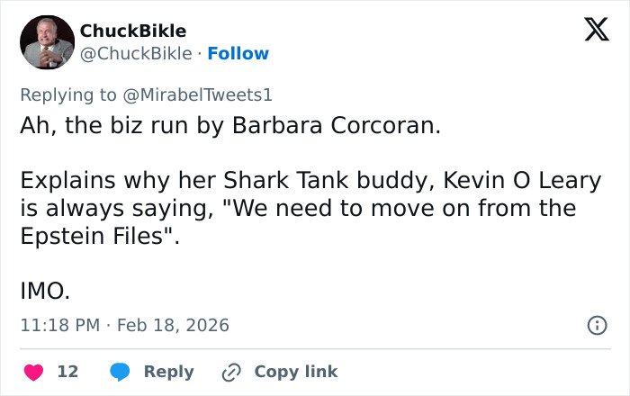 Tweet discussing Erika Kirk's alleged Epstein link and related viral conspiracy theories involving Shark Tank personalities.