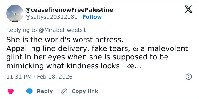 Twitter reply criticizing Erika Kirk's acting, fueling Epstein link conspiracy theories and online viral controversy.