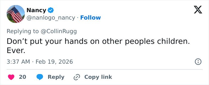 Tweet from user Nancy, emphasizing not to touch other people's children amid NASCAR driver controversy involving Michael Jordan's interaction.