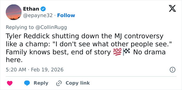 Tweet from NASCAR driver Tyler Reddick addressing Michael Jordan interaction controversy involving his 6-year-old son.