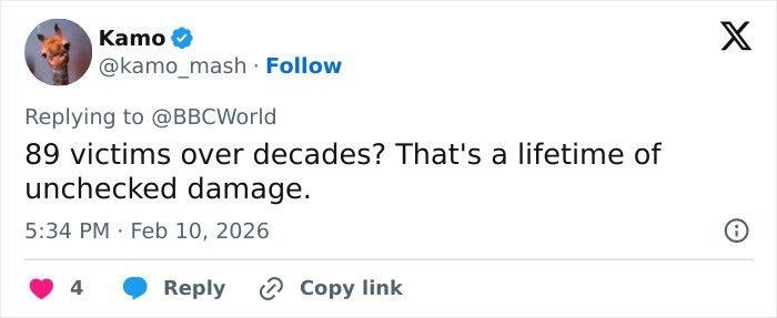 Tweet expressing shock over crimes against 89 victims linked to a teacher known for helping under-privileged students.