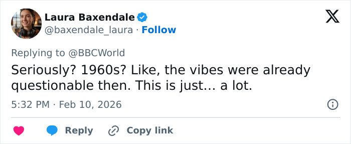 Tweet by Laura Baxendale discussing questionable vibes from the 1960s related to teacher accused of crimes.