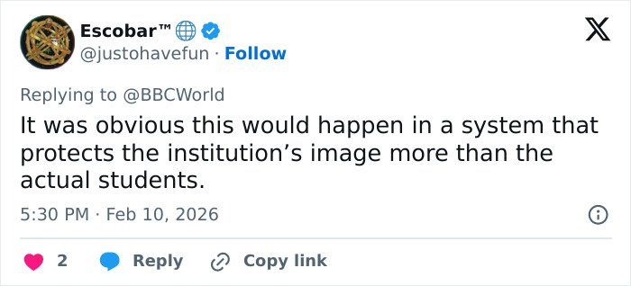 Tweet with a user comment discussing a system prioritizing an institution’s image over the safety of under-privileged students.