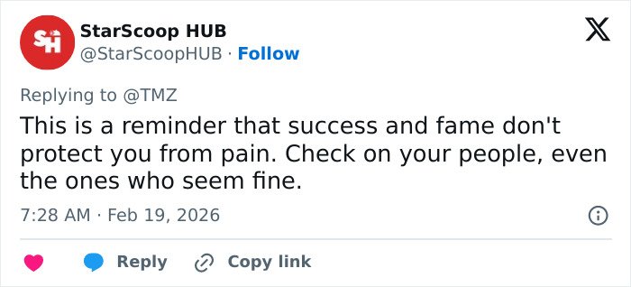 Tweet from StarScoop HUB reminding about pain despite success, related to police report on Anne Burrell’s tragic passing details.