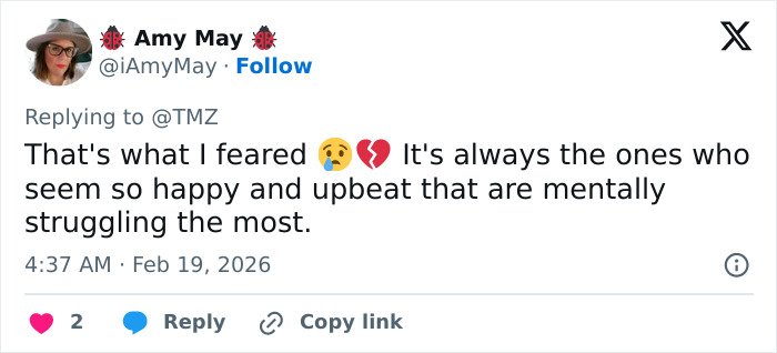 Tweet from user Amy May expressing fear and sadness about mental struggles, related to police report on Anne Burrell’s passing.