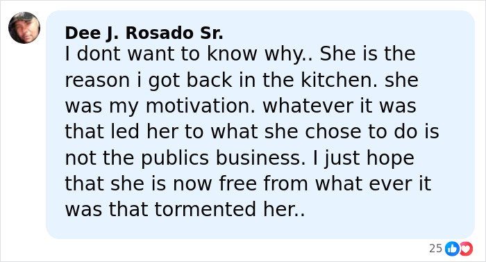 Screenshot of a Facebook comment expressing sorrow and motivation connected to Anne Burrell’s tragic passing details.