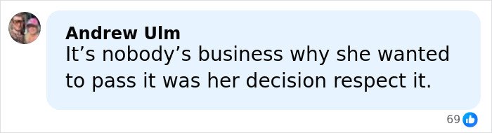 Comment discussing personal decision on passing, reflecting on respect and privacy in a social media post.