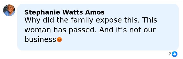Comment criticizing family for exposing police report details in Anne Burrell’s tragic passing seen on social media post.