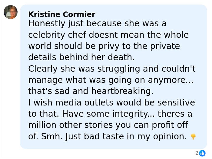 Comment criticizing media coverage about Anne Burrell’s tragic passing with concerns on privacy and sensitivity revealed in police report.